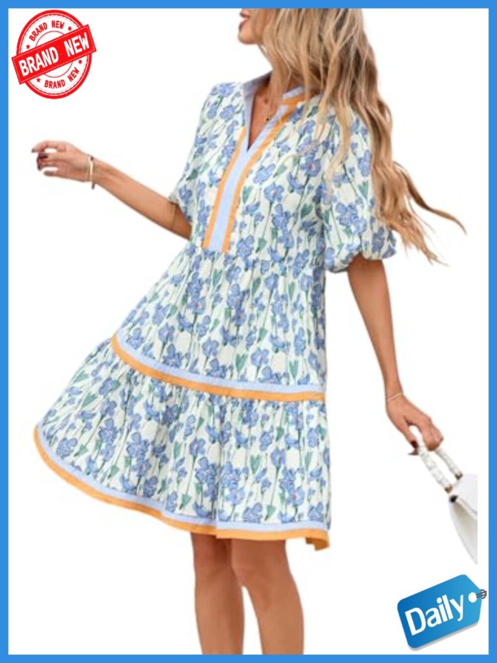 Women's Floral Babydoll Mini Dress V-Neck Puff Sleeve Cotton Casual Sundress